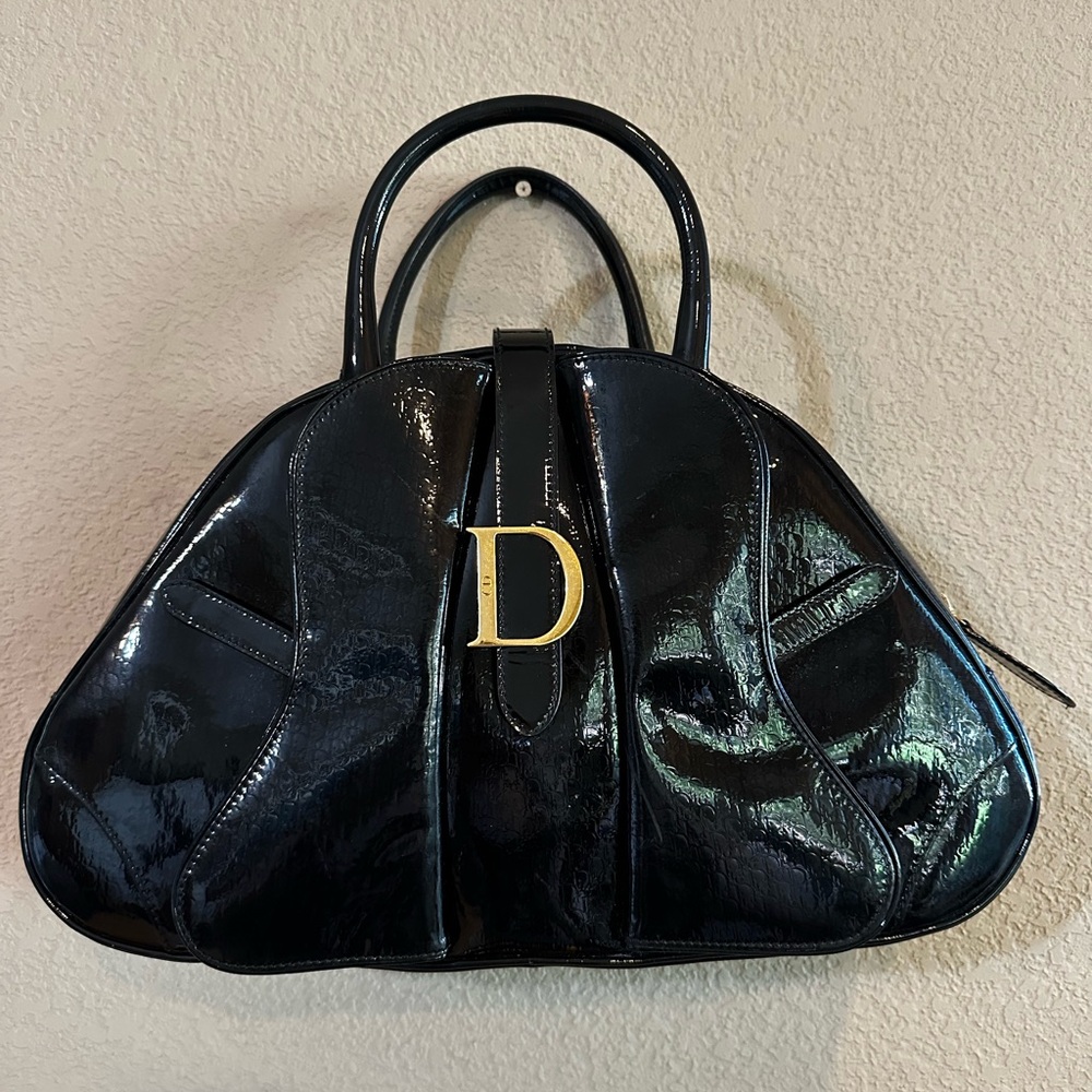 Christian Dior patent leather saddle bowling bag